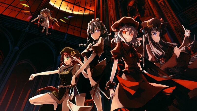 anime girls in a gothic hall