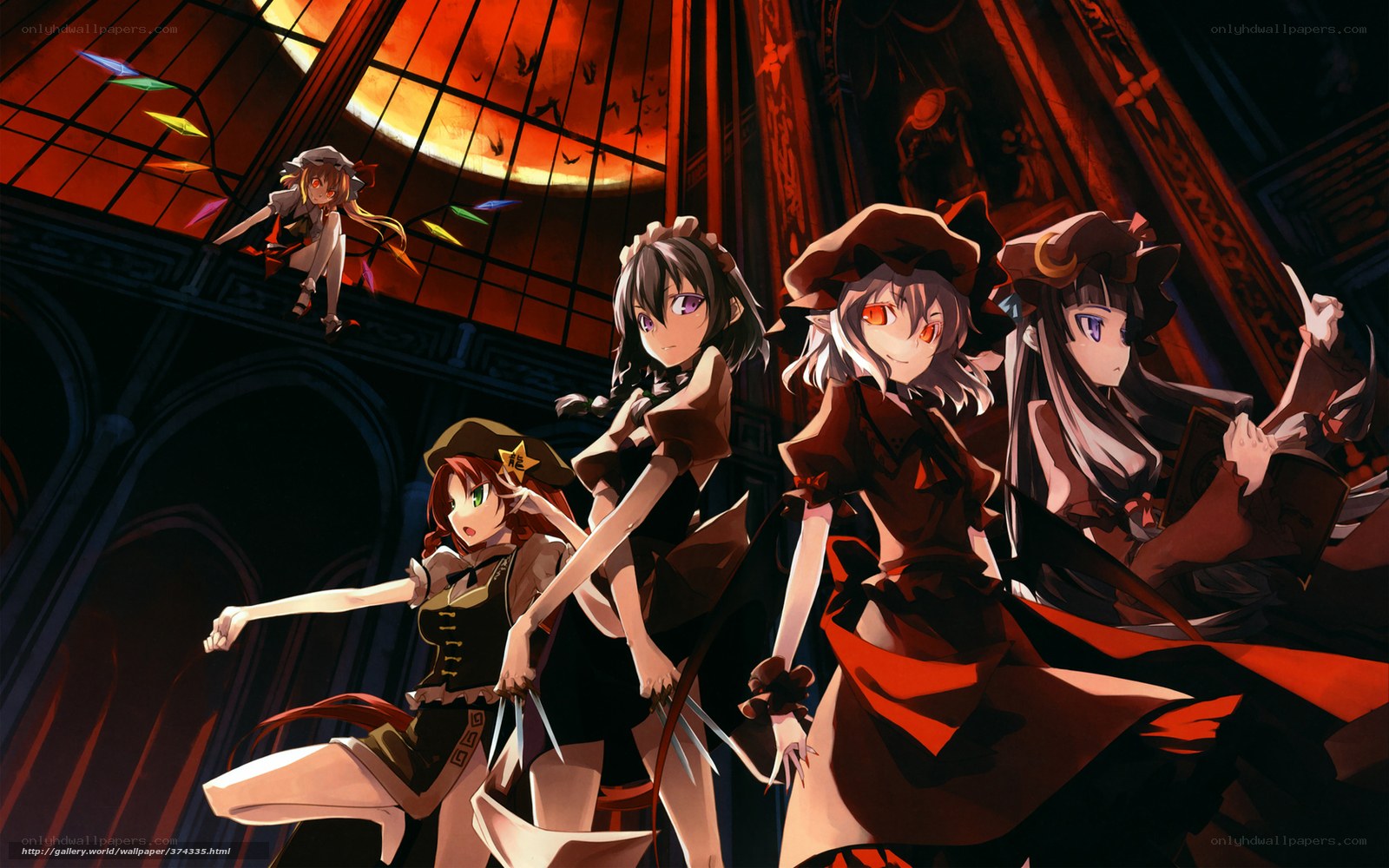 Anime girls in a gothic hall