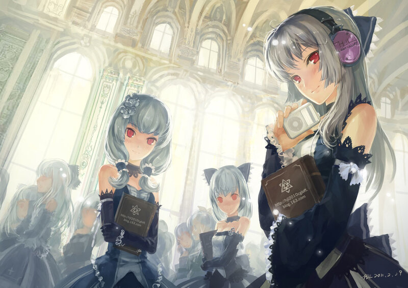 Anime girls in a grand hall
