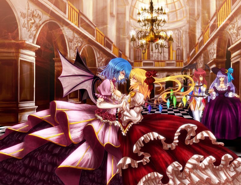 Anime girls in a grand hall