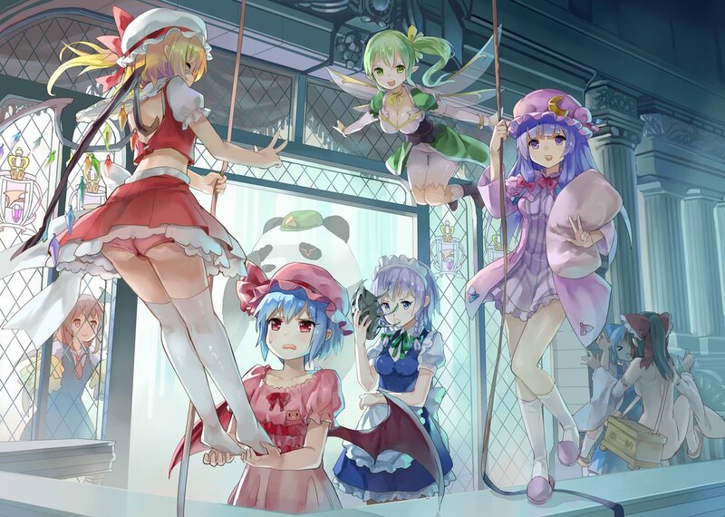 Anime girls in a grand hall