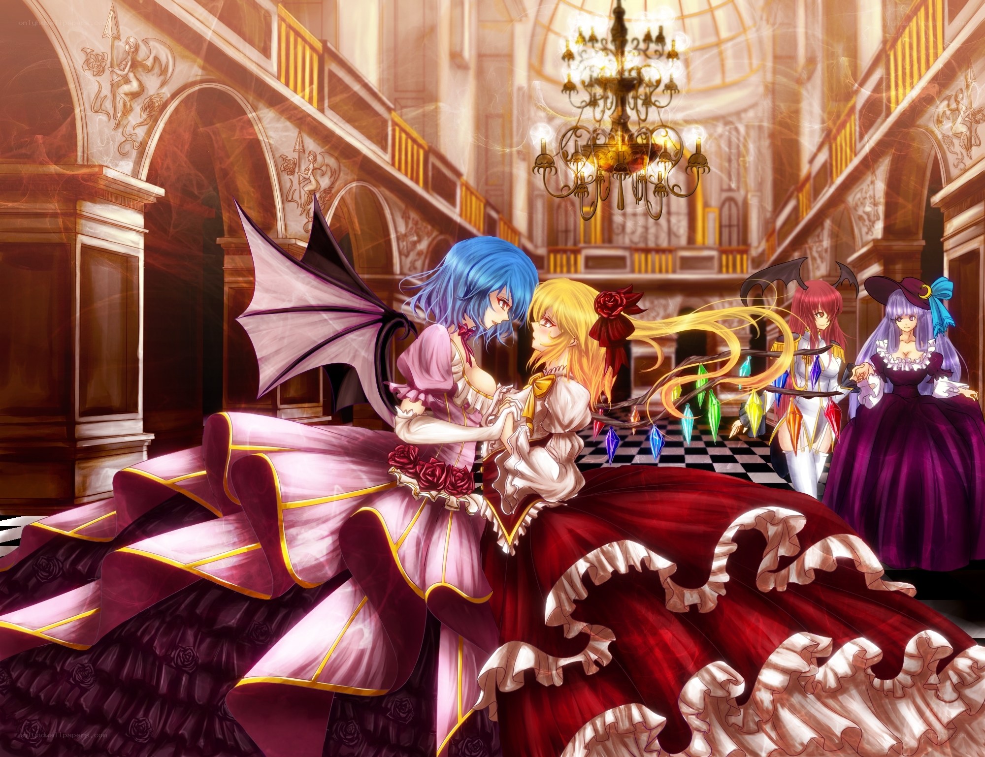 anime girls in a grand hall