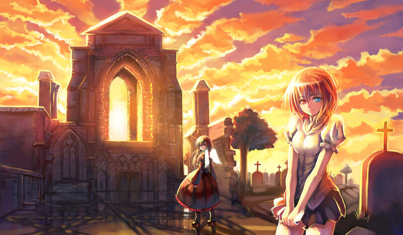 Anime girls in a graveyard at sunset
