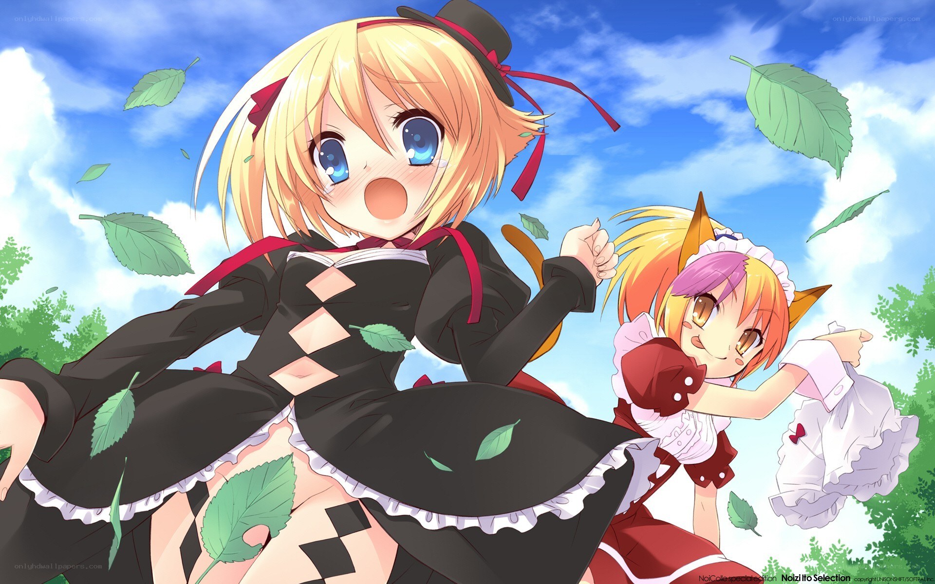 Anime girls in a leafy field