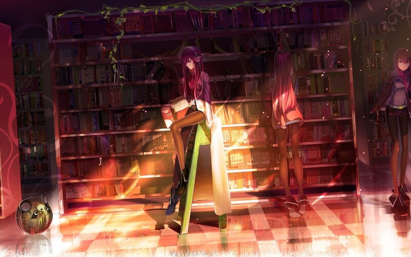Anime girls in a library
