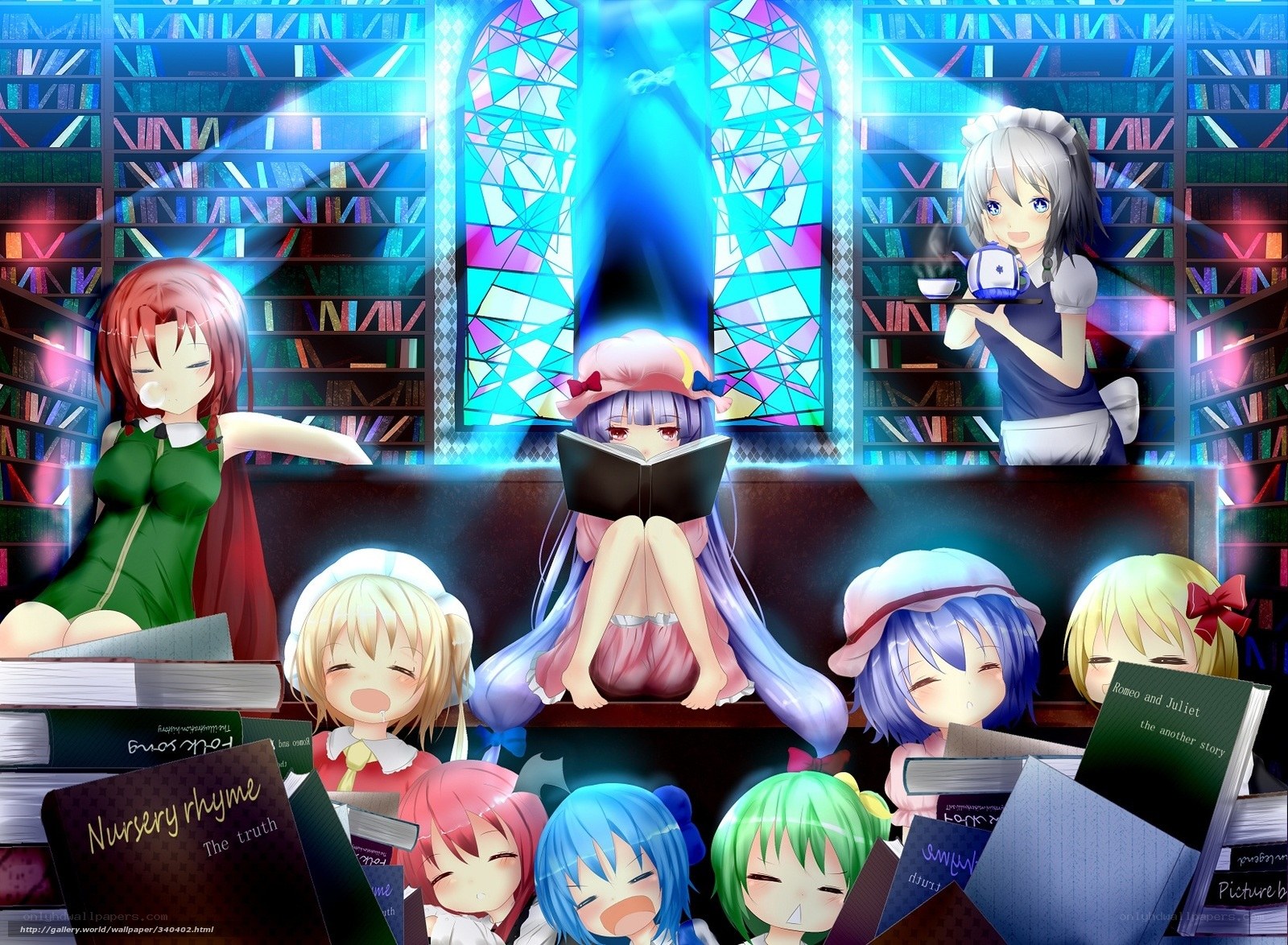 Anime girls in a library