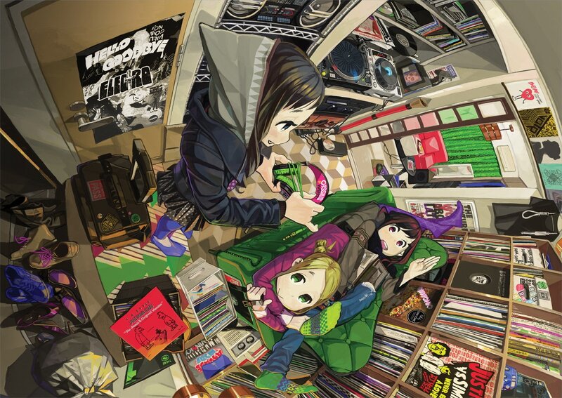 Anime girls in a record store