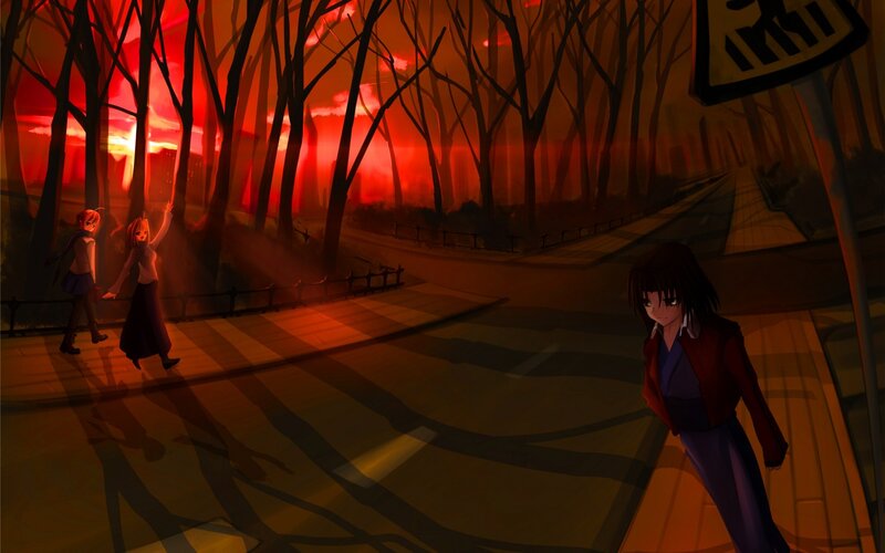 Anime girls in a red-lit forest