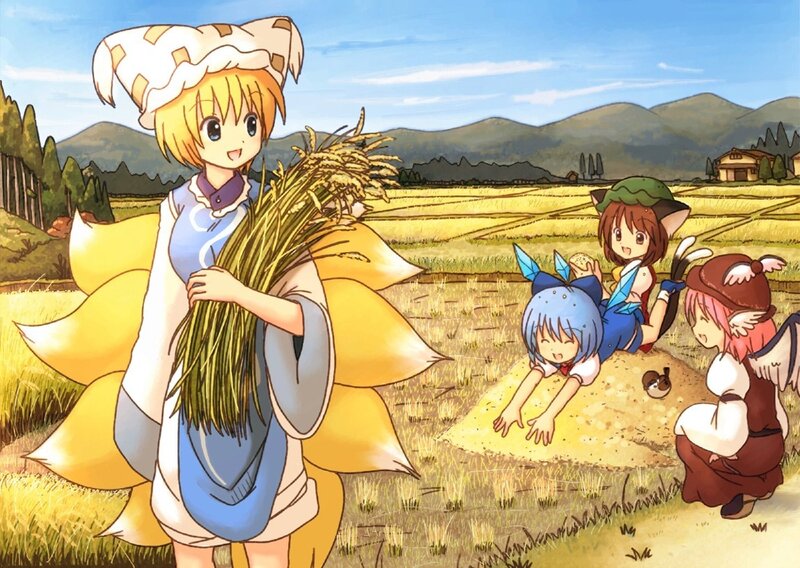 Anime girls in a rice field