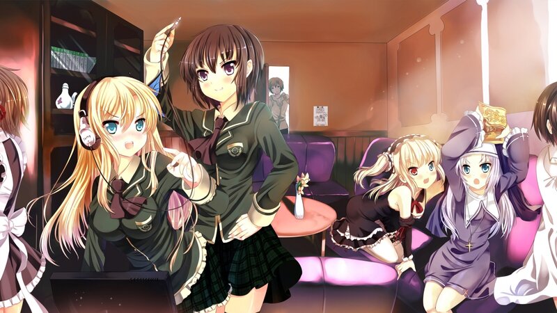 Anime Girls in a Room — Purple, Lively, Night