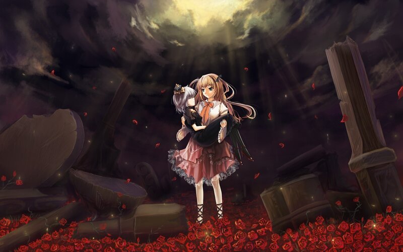 anime girls in a rose field