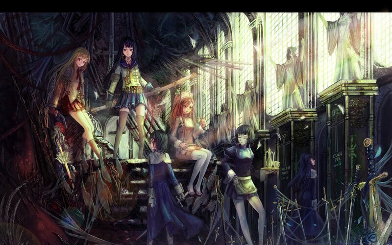 anime girls in a ruined cathedral