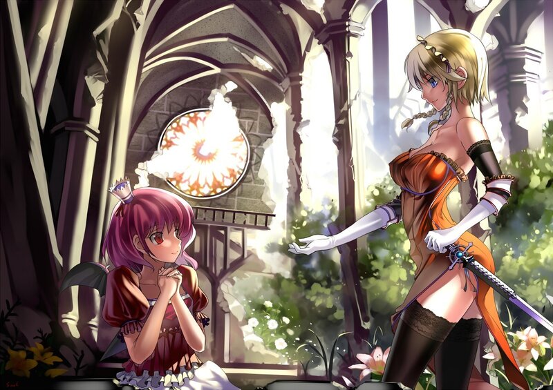 Anime girls in a ruined cathedral