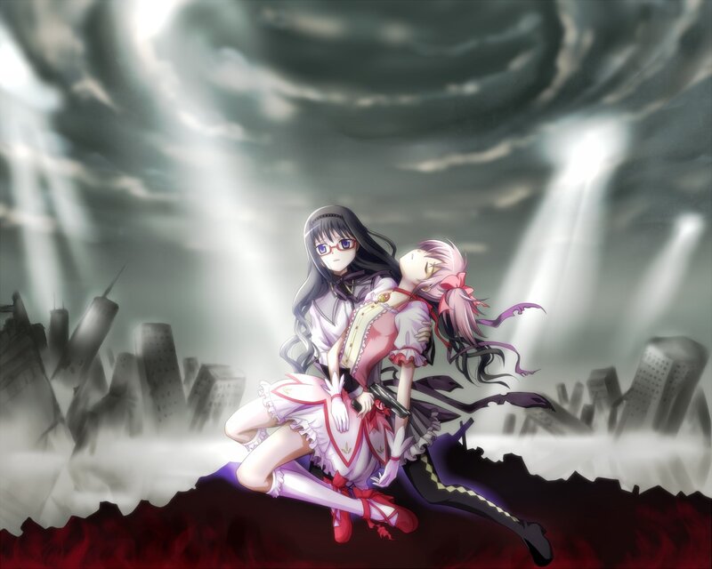 Anime girls in a ruined city