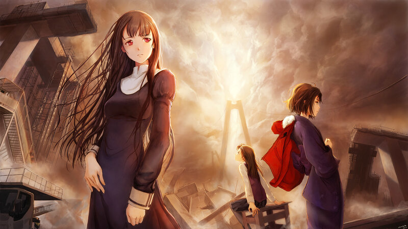 Anime girls in a ruined city