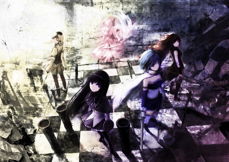 anime girls in a ruined hall