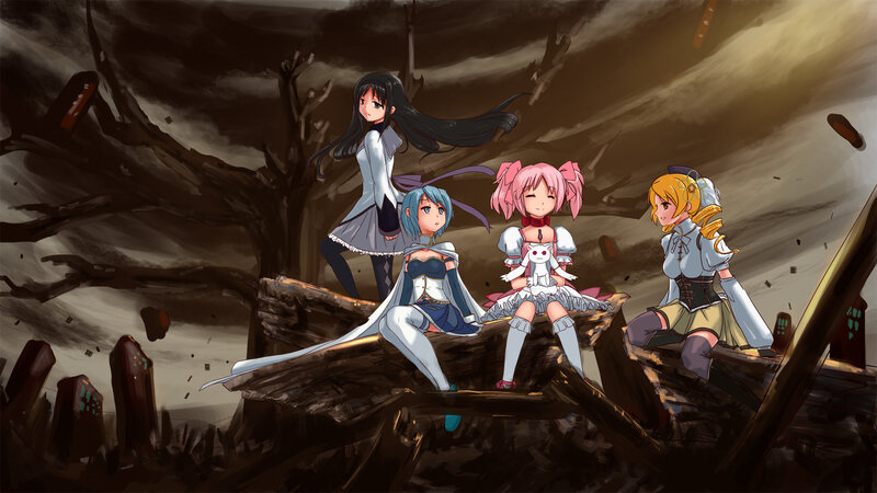 anime girls in a ruined landscape