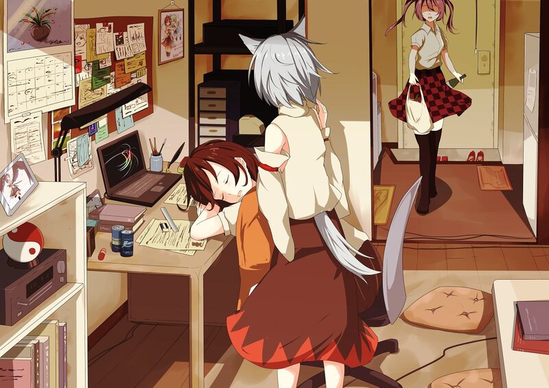 Anime girls in a study room