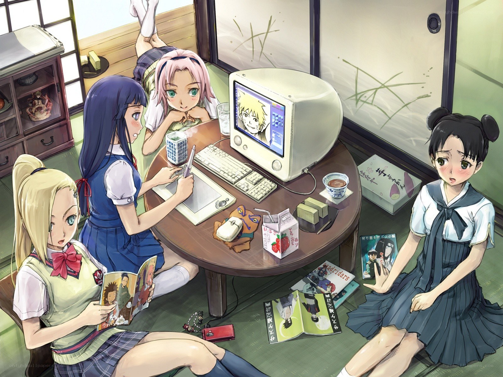 Anime girls in a study session