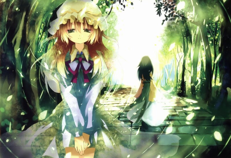 Anime girls in a sunlit forest