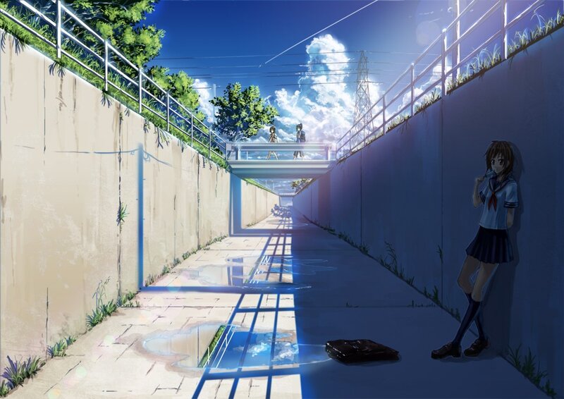 Anime girls in a sunlit tunnel