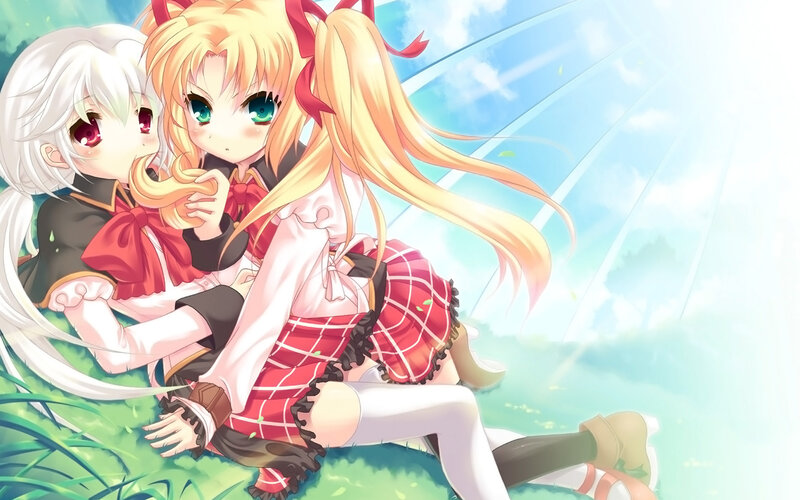 Anime girls in a sunny field