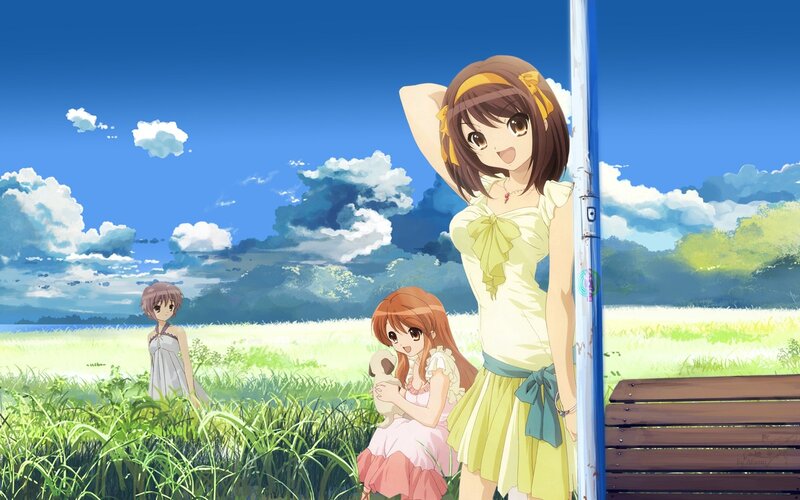 Anime girls in a sunny field