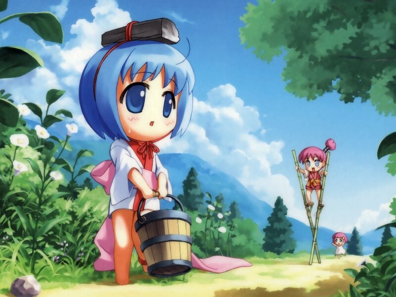 Anime girls in a sunny field