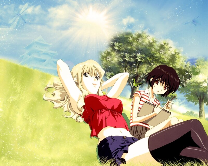 Anime girls in a sunny field