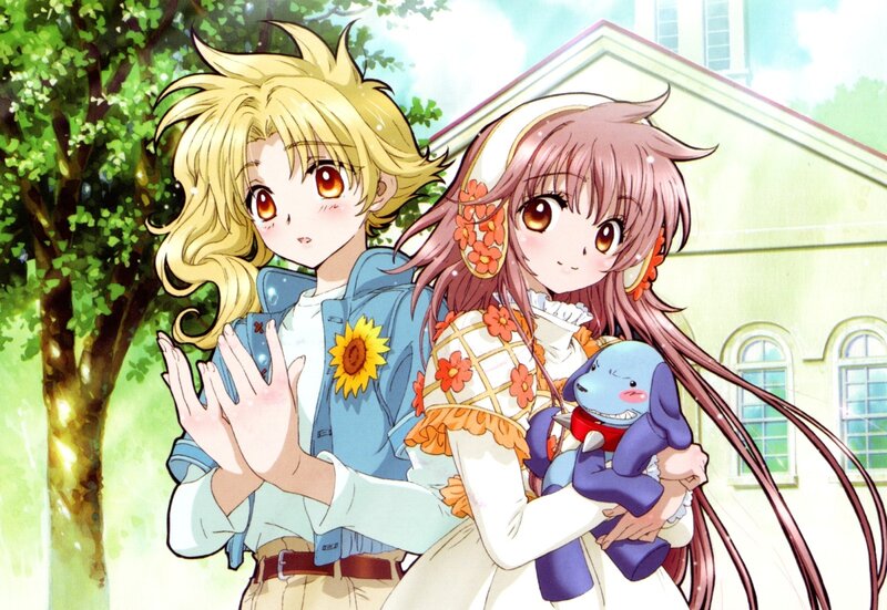 Anime girls in a sunny garden