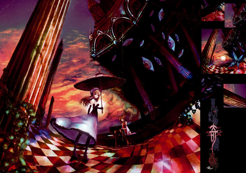 anime girls in a surreal hall