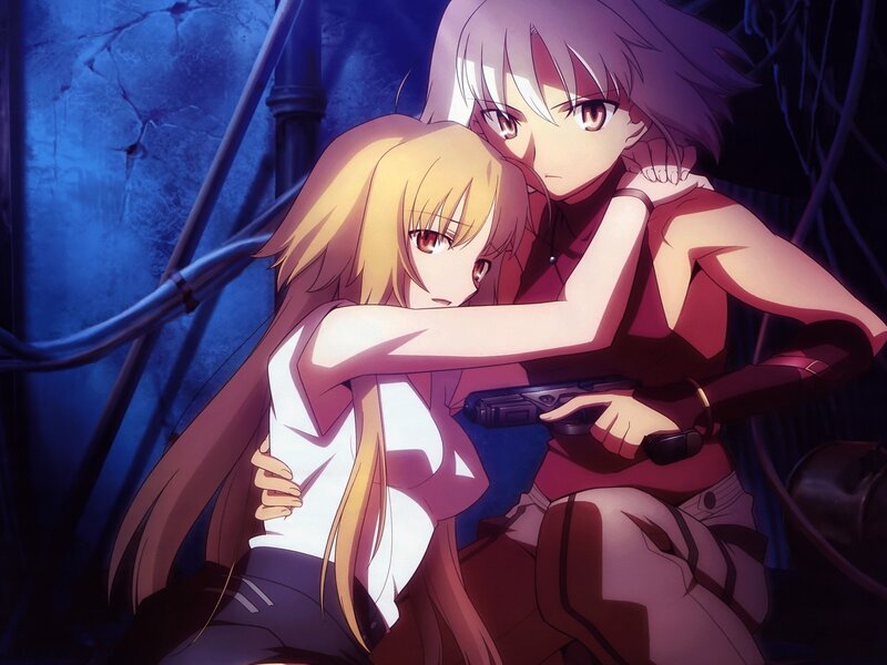 Anime girls in a tense embrace