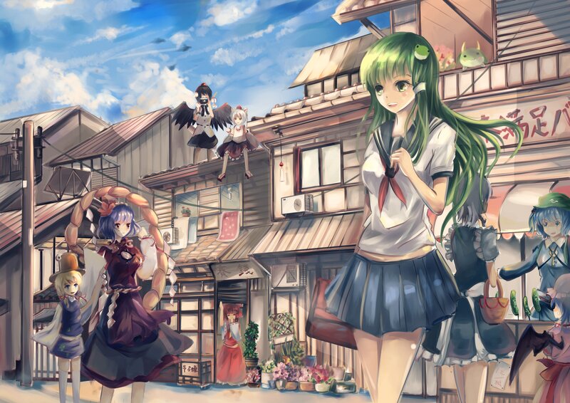 Anime girls in a town scene