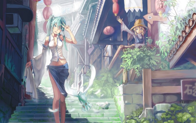 Anime girls in a traditional alley
