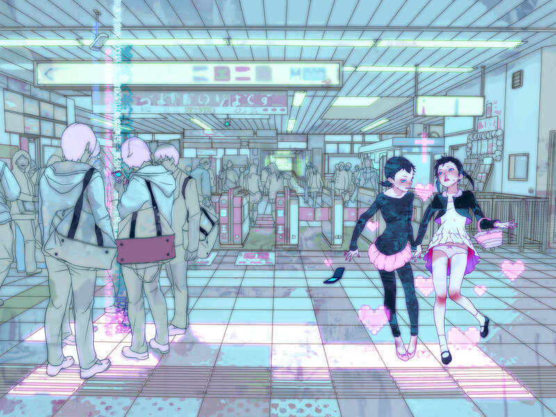Anime girls in a train station