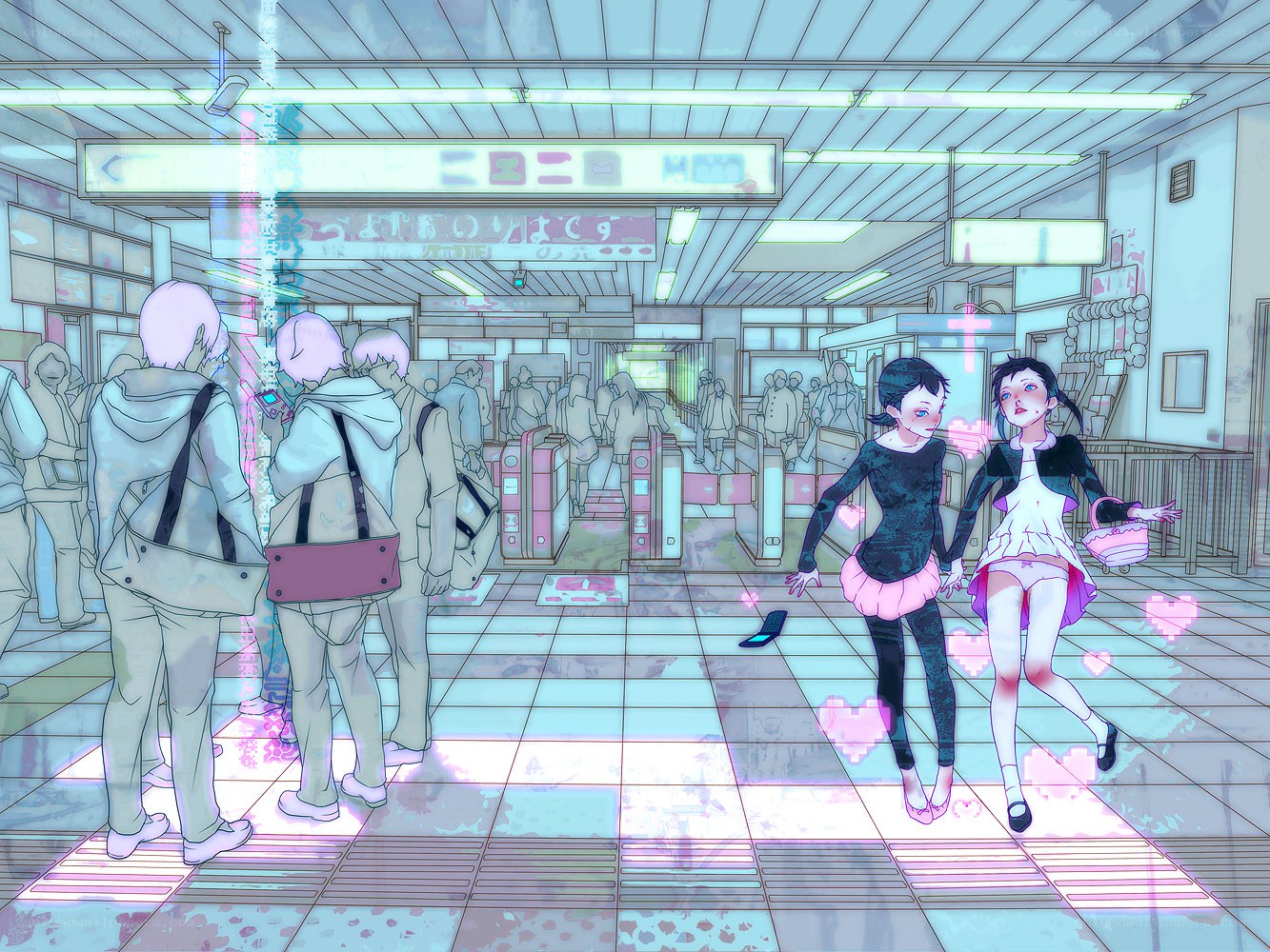 Anime girls in a train station