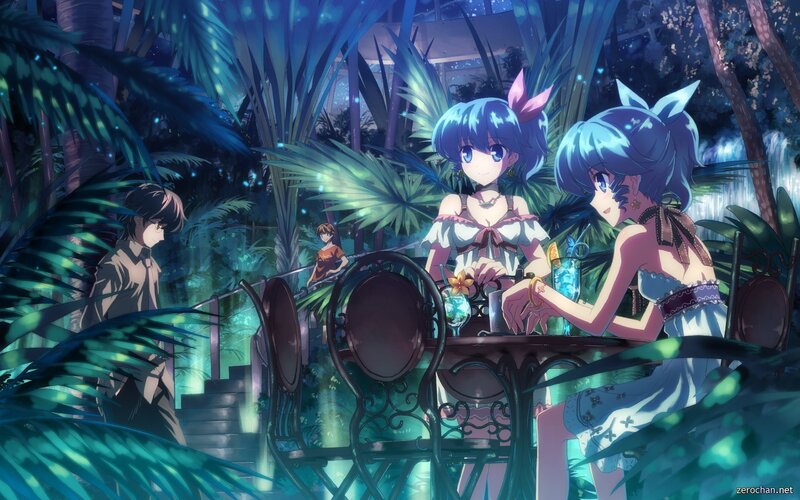 Anime girls in a tropical garden