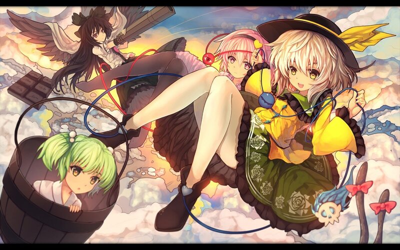 Anime girls in a whimsical sky scene