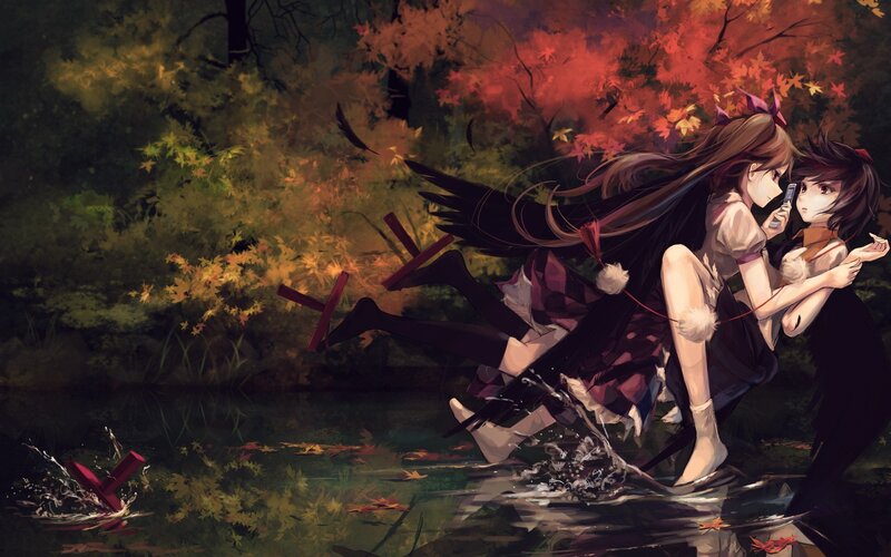 Anime girls in autumn forest