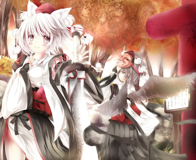 Anime girls in autumn forest
