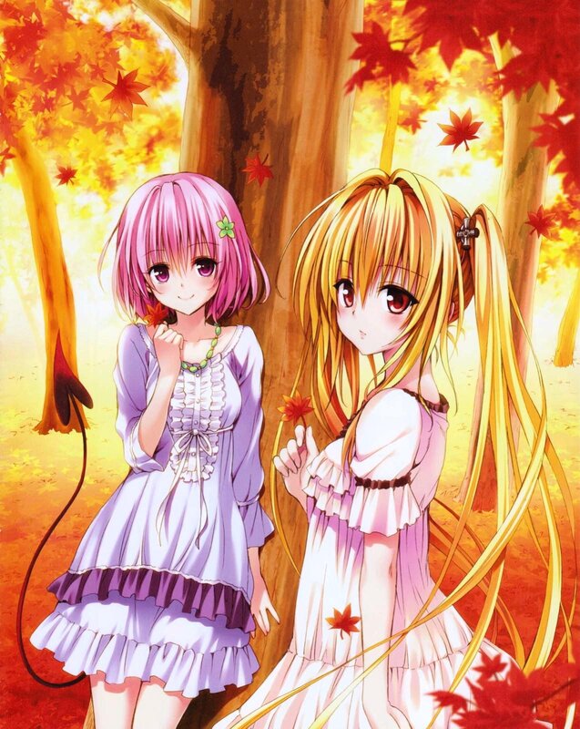 Anime girls in autumn forest