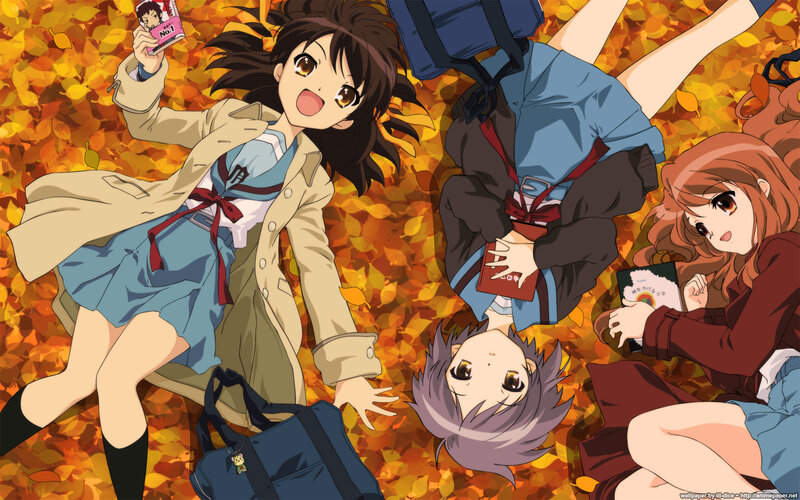 Anime girls in autumn leaves