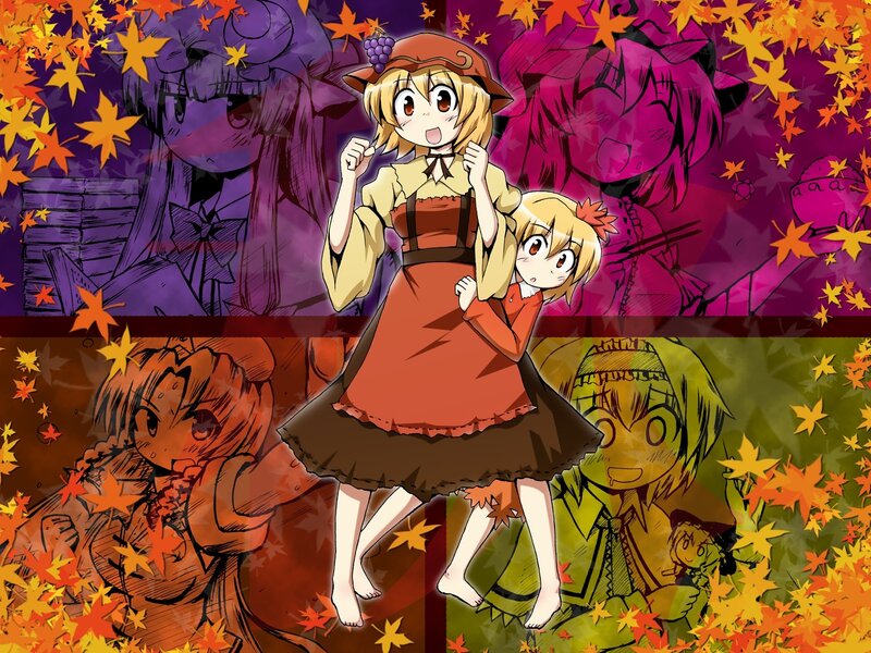 Anime girls in autumn leaves