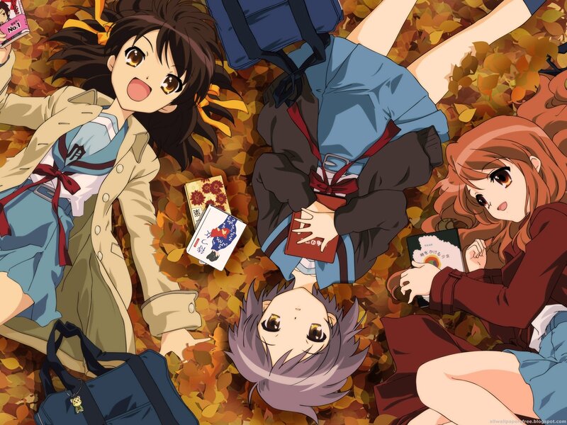 Anime girls in autumn leaves