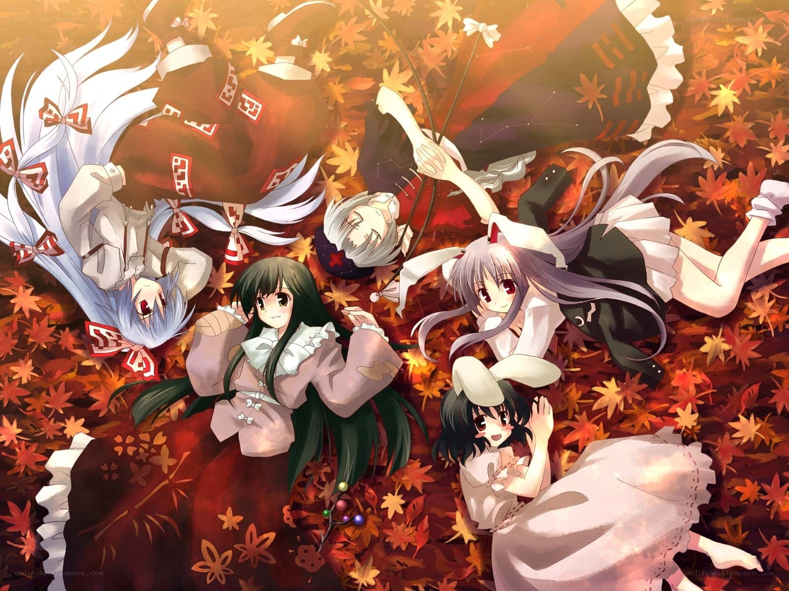 Anime girls in autumn leaves