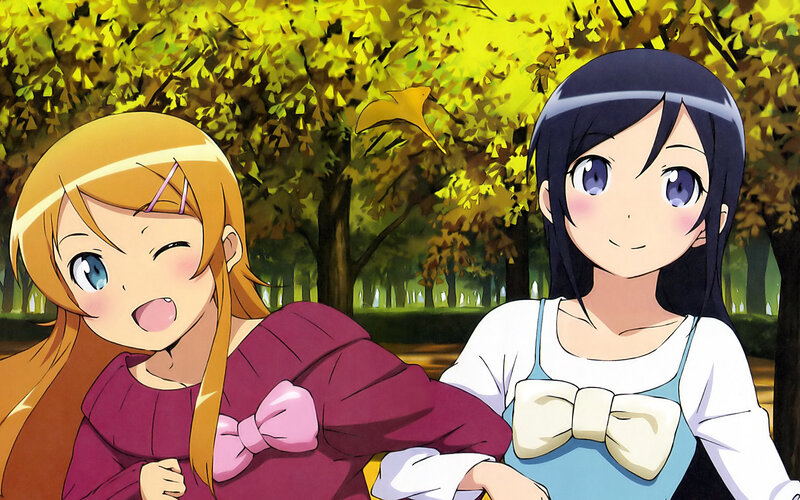 Anime girls in autumn park