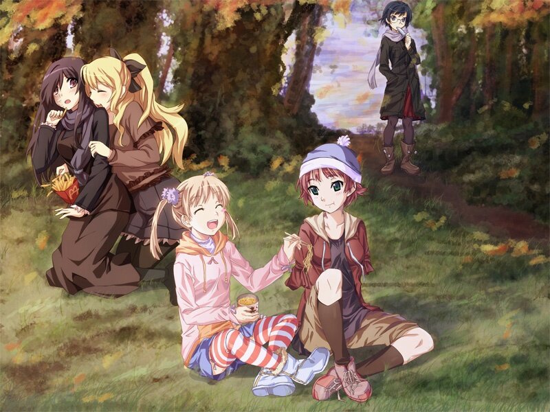 Anime girls in autumn park