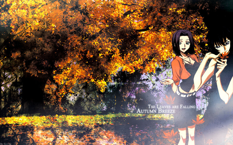 Anime girls in autumn park