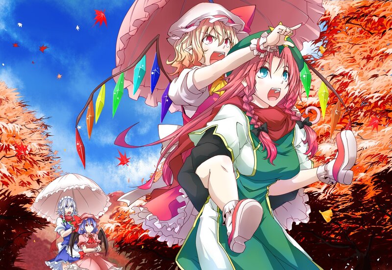 Anime girls in autumn scenery