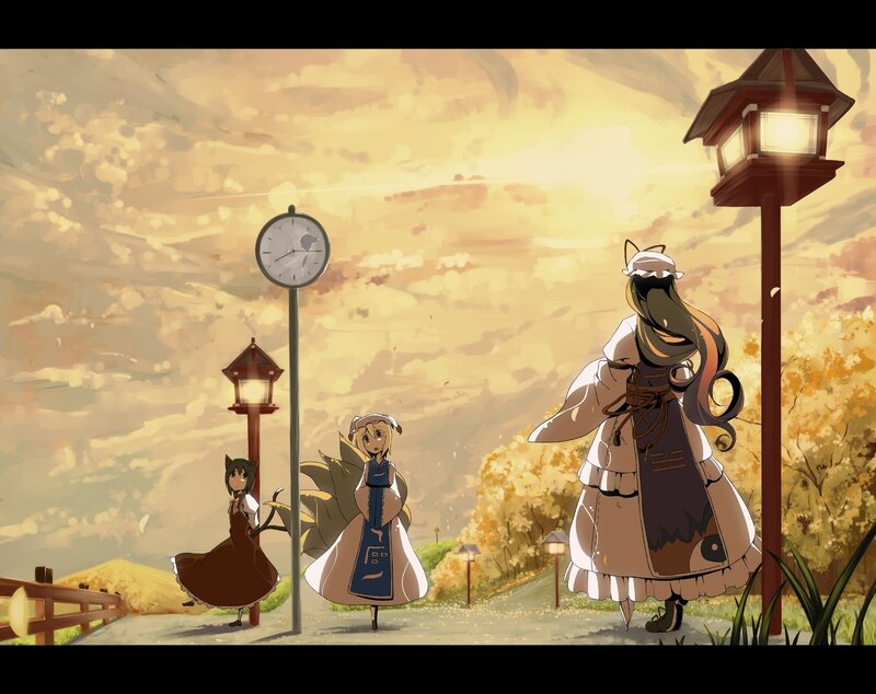 Anime girls in autumn scenery
